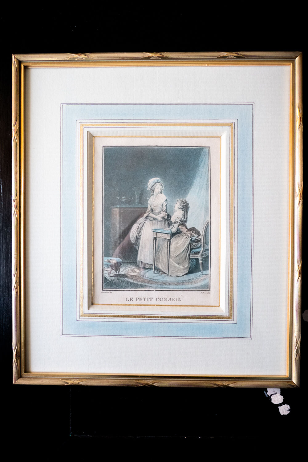 Gravure encadrée "Le petit conseil" par Janinet