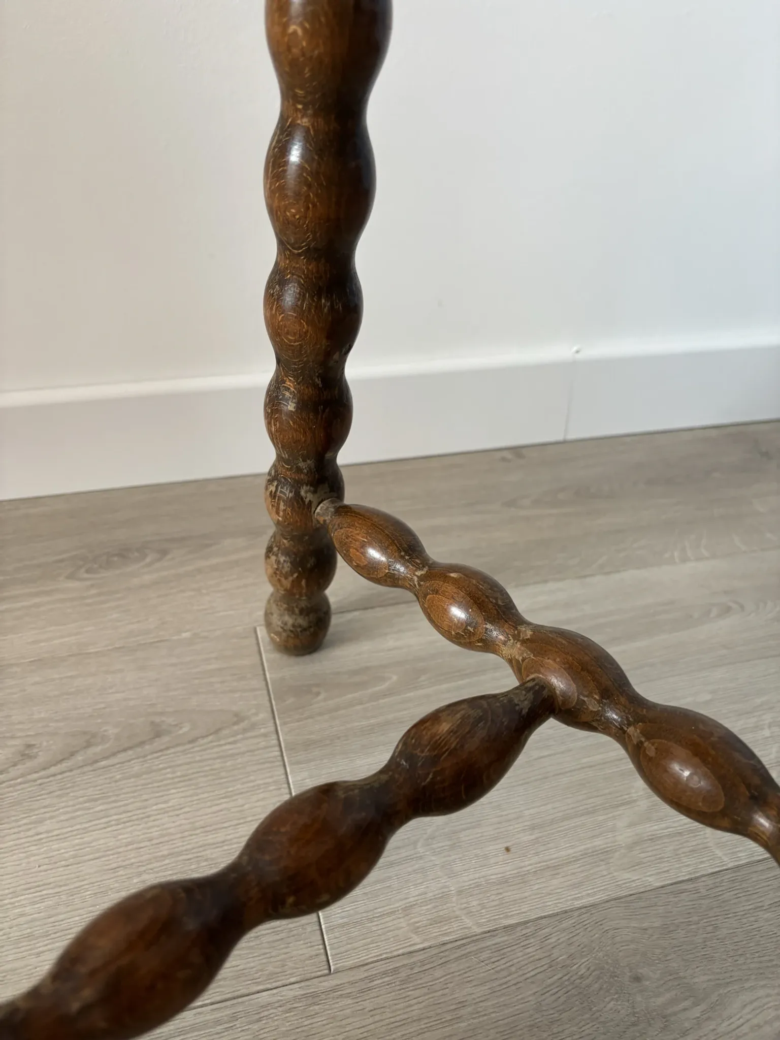 Antique tripod stool, solid wood, turned wood.