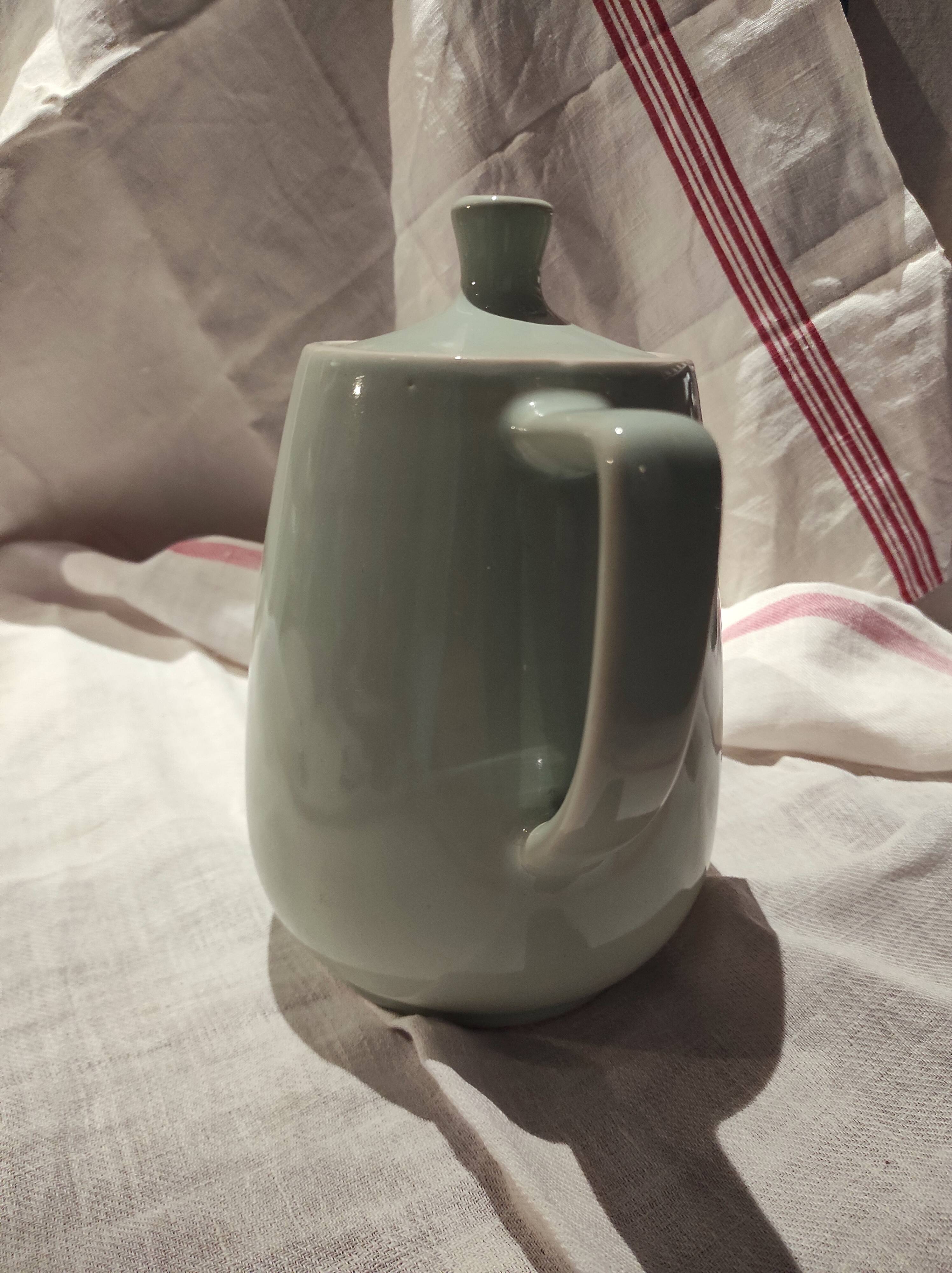 Vintage French large coffee pot in light green ceramic