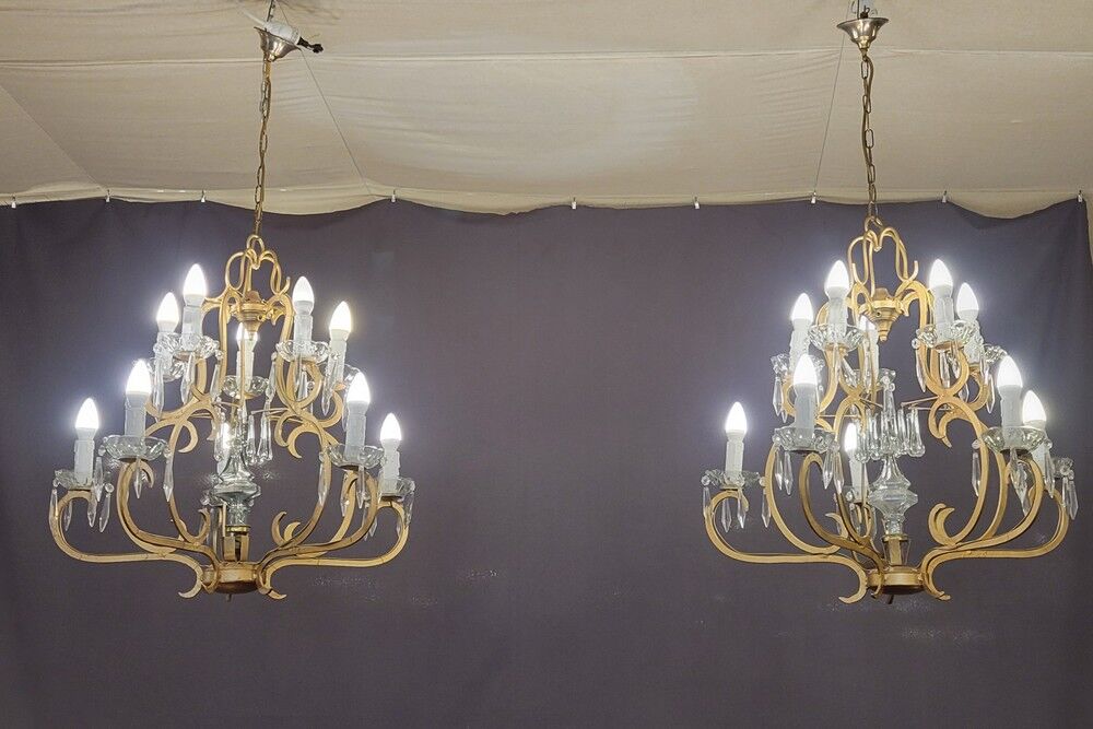 Pair of cage chandeliers with pendants