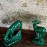 Pair of deer in green enameled ceramic, slip, decorative, Stamped, Les Buissonnets