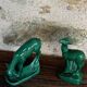 Pair of deer in green enameled ceramic, slip, decorative, Stamped, Les Buissonnets
