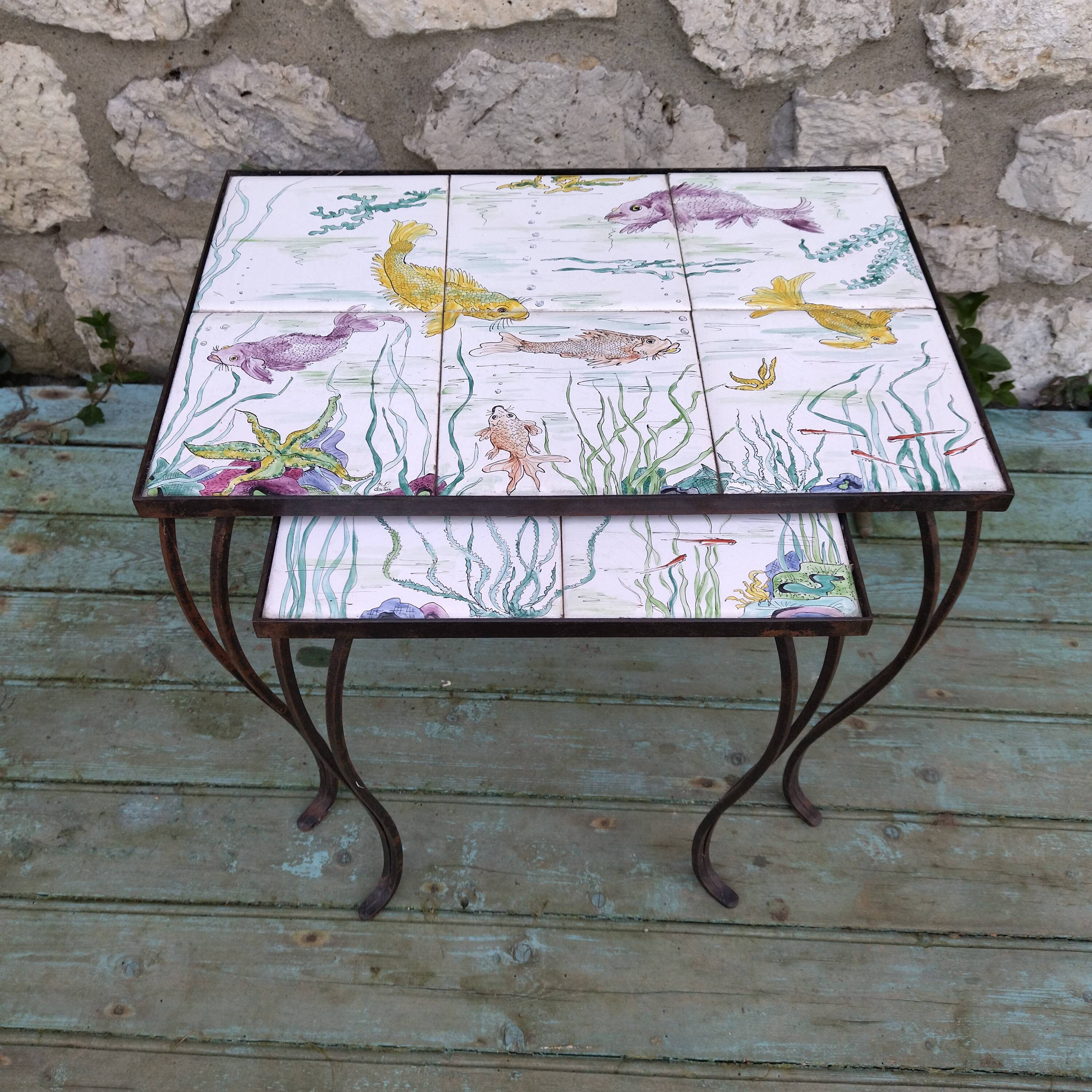 2 coffee tables wrought iron and lake tiles signed