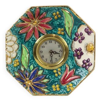 Horloge de table style art déco hubert bequet fleurs en céramique 16cm