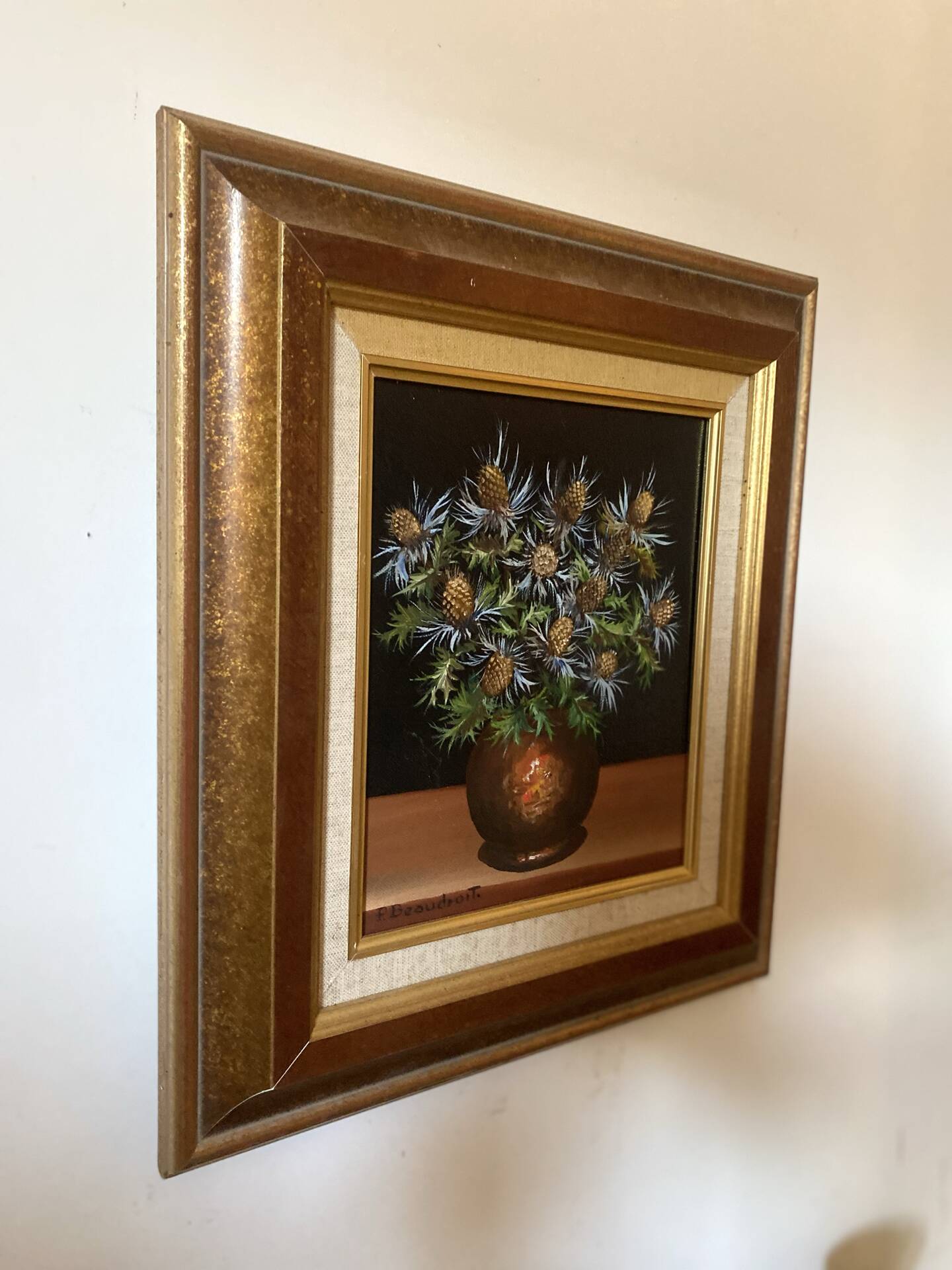 Still life with thistles, oil on canvas signed P. Beaudroit, 1992