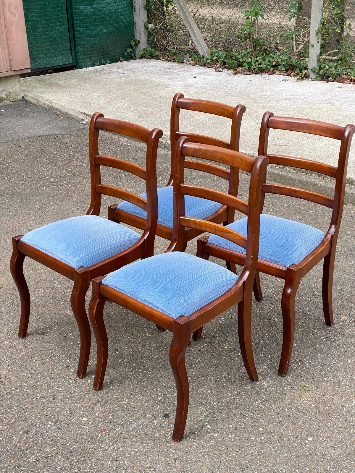 4 solid wood chairs with blue velvet suede in the Louis Philippe style.