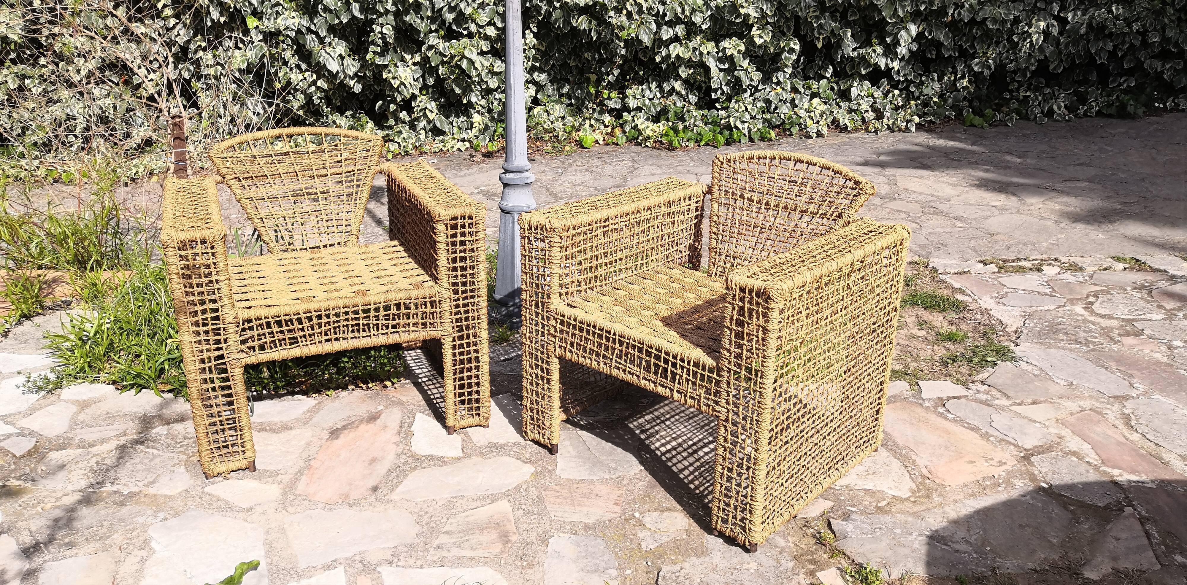 Armchair in metal and braided rope, 1980
