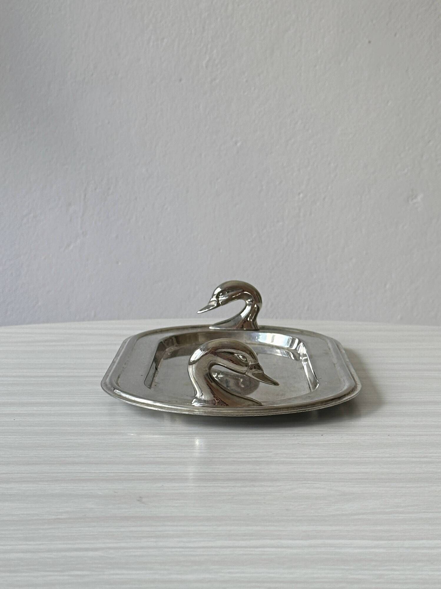 Vintage stainless steel dish with goose head handles serving tray