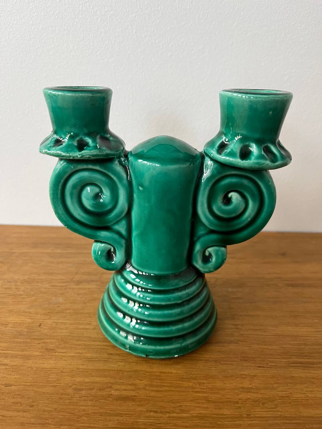 Vallauris green ceramic double candlestick