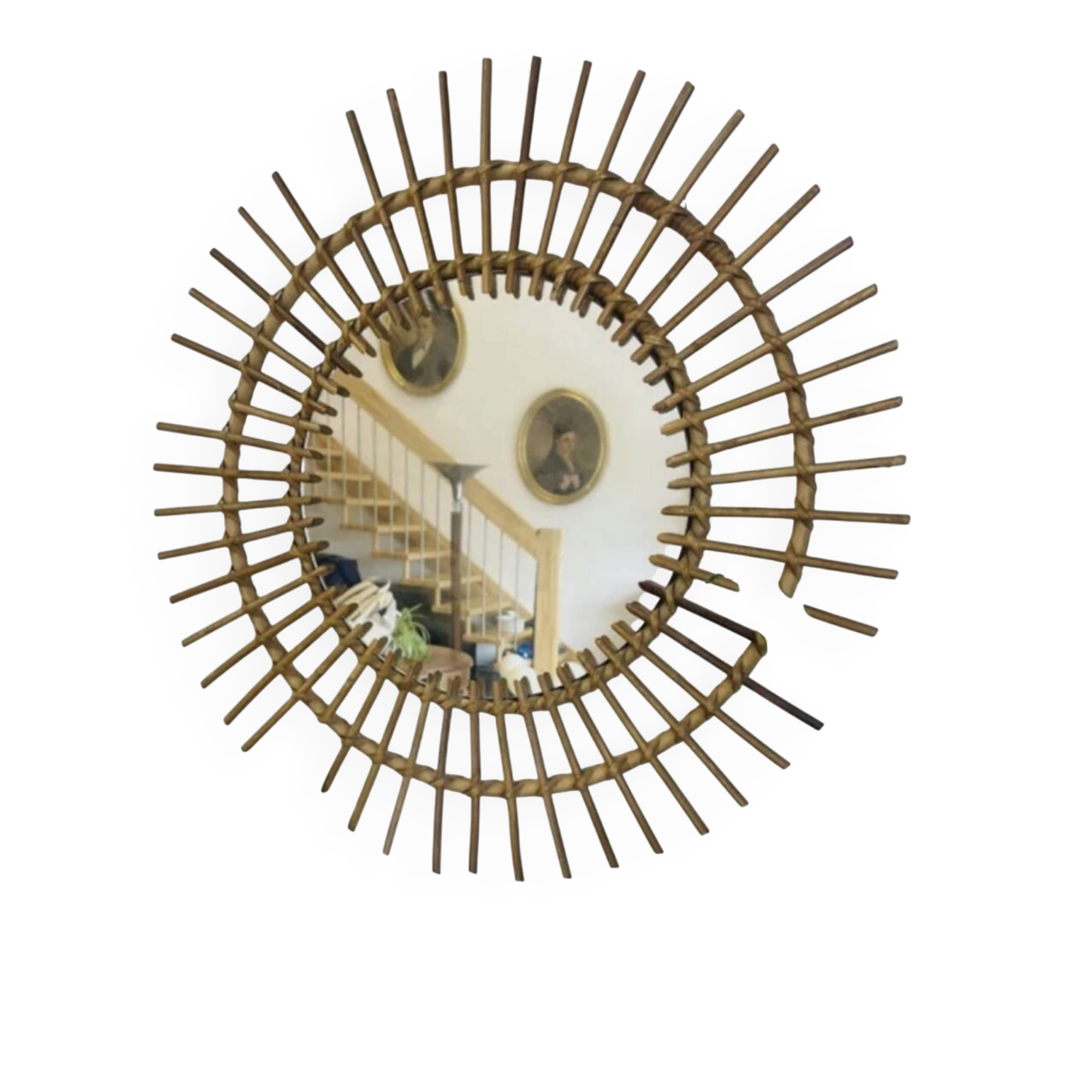 Miroir soleil en rotin tressé, années 60