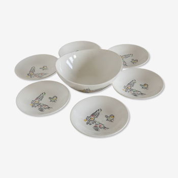 Set of 6 pieces salad bowl and earthenware bowls from Gien, Dampierre model, 1950s