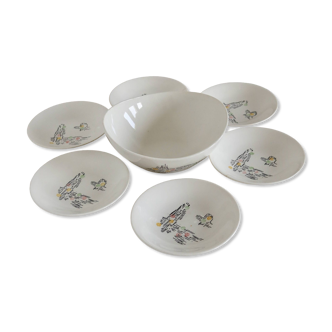 Set of 6 pieces salad bowl and earthenware bowls from Gien, Dampierre model, 1950s