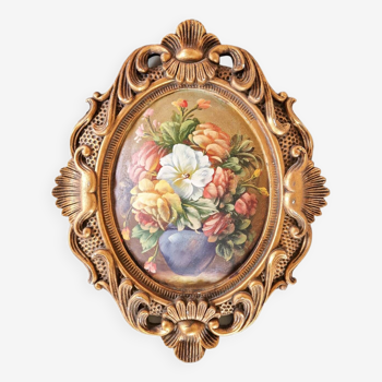 Old hand-painted painting in Italian golden frame