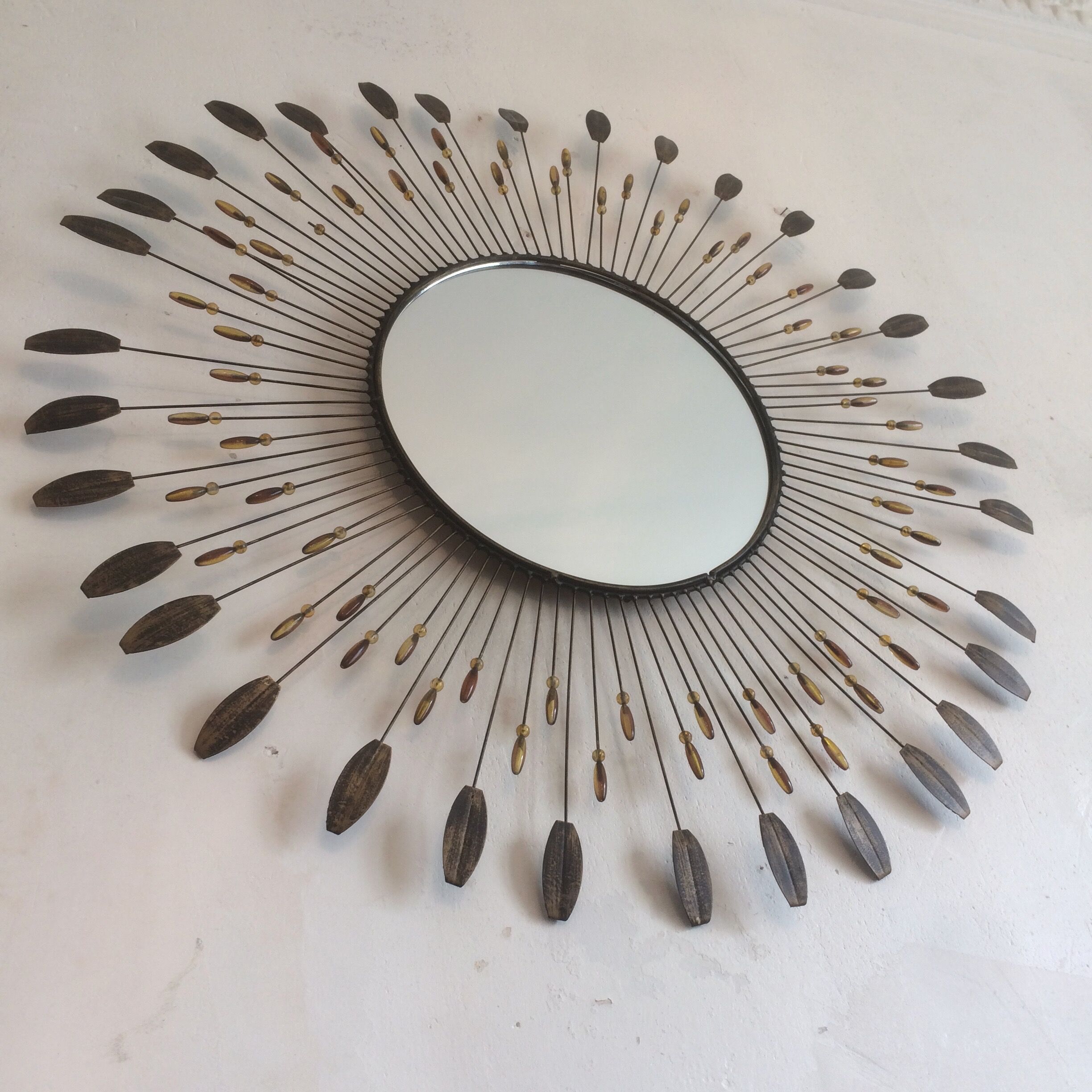 Mirror Sun beads & feathers metal, 1950 - 75x75cm