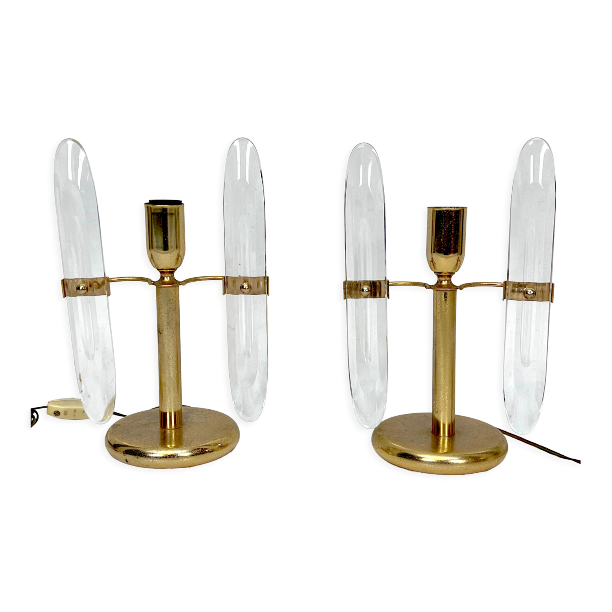 Postmodern pair of gilded metal and glass table lamps by Stilkronen. Italy 70s