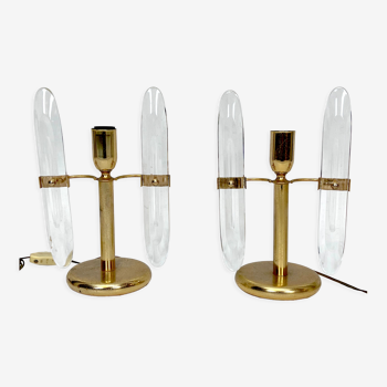 Postmodern pair of gilded metal and glass table lamps by Stilkronen. Italy 70s