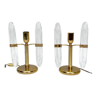 Postmodern pair of gilded metal and glass table lamps by Stilkronen. Italy 70s