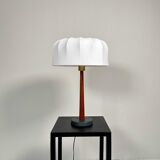 Mid-century teak and cotton table lamp by Einar Bäckström, Sweden, 1950s.