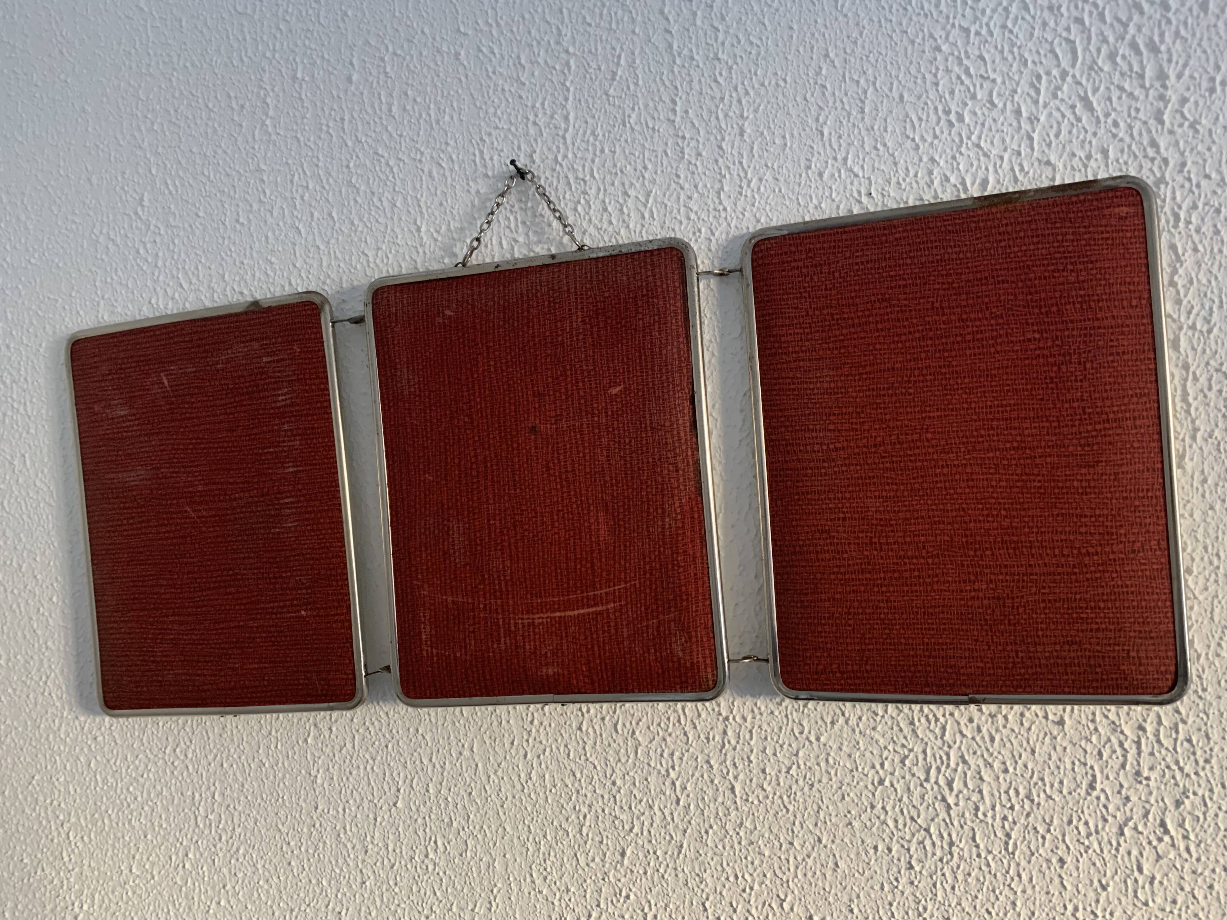 Miroir vintage 1950 triptyque barbier coiffeuse brique - 27 x 67 cm