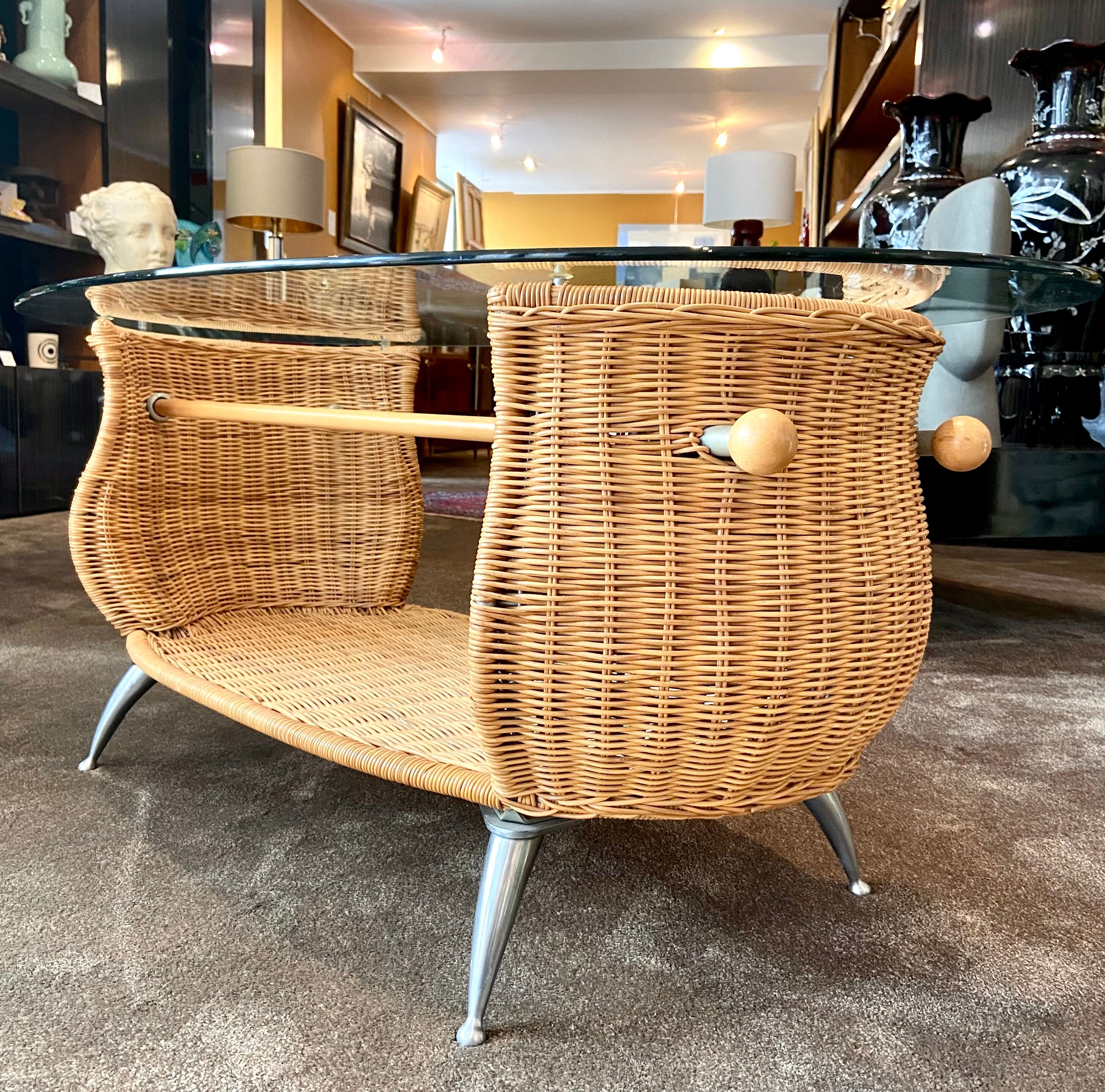 Rattan coffee table, glass top, metal legs, France, 1980