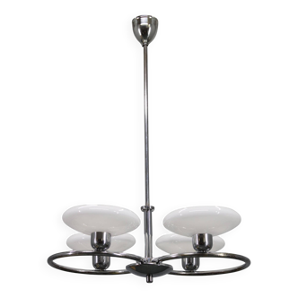 Mid-century chrome chandelier with milk-glass disc shades, Czechoslovakia, 1950s