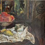 Oil on canvas 20th century still life with fruit and cloth, whitewashed frame