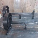 Pair of wrought iron fireplace andirons circular shape vintage