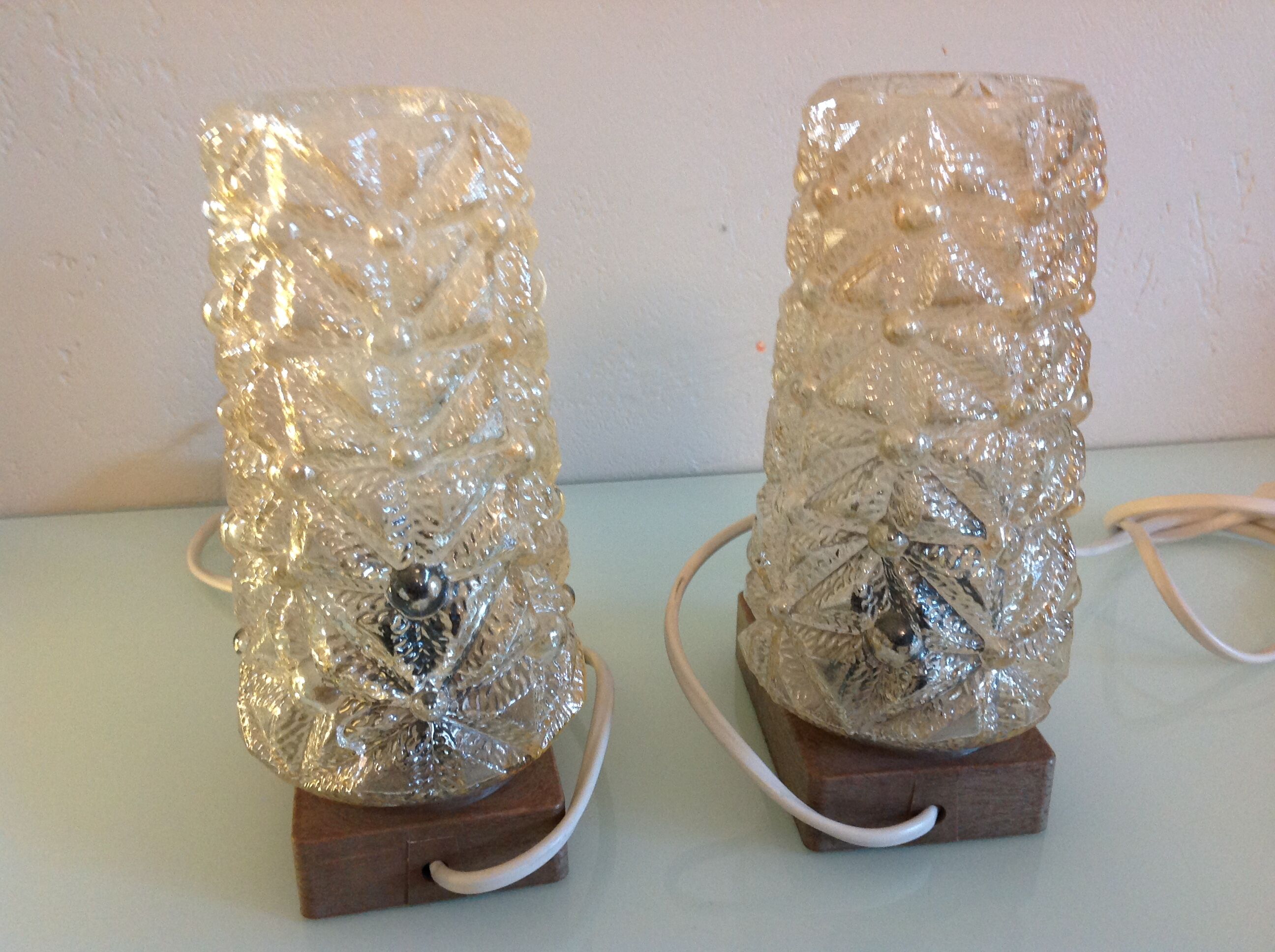 Pair of vintage bedside lamps in conical smoked glass