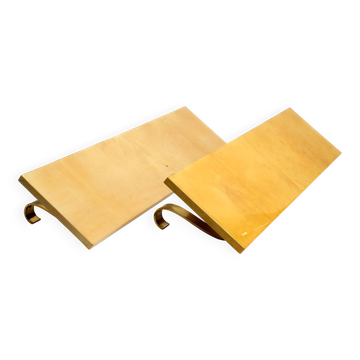 Two 1960s large Aldo Tura shelves made of wood and goatskin in beige