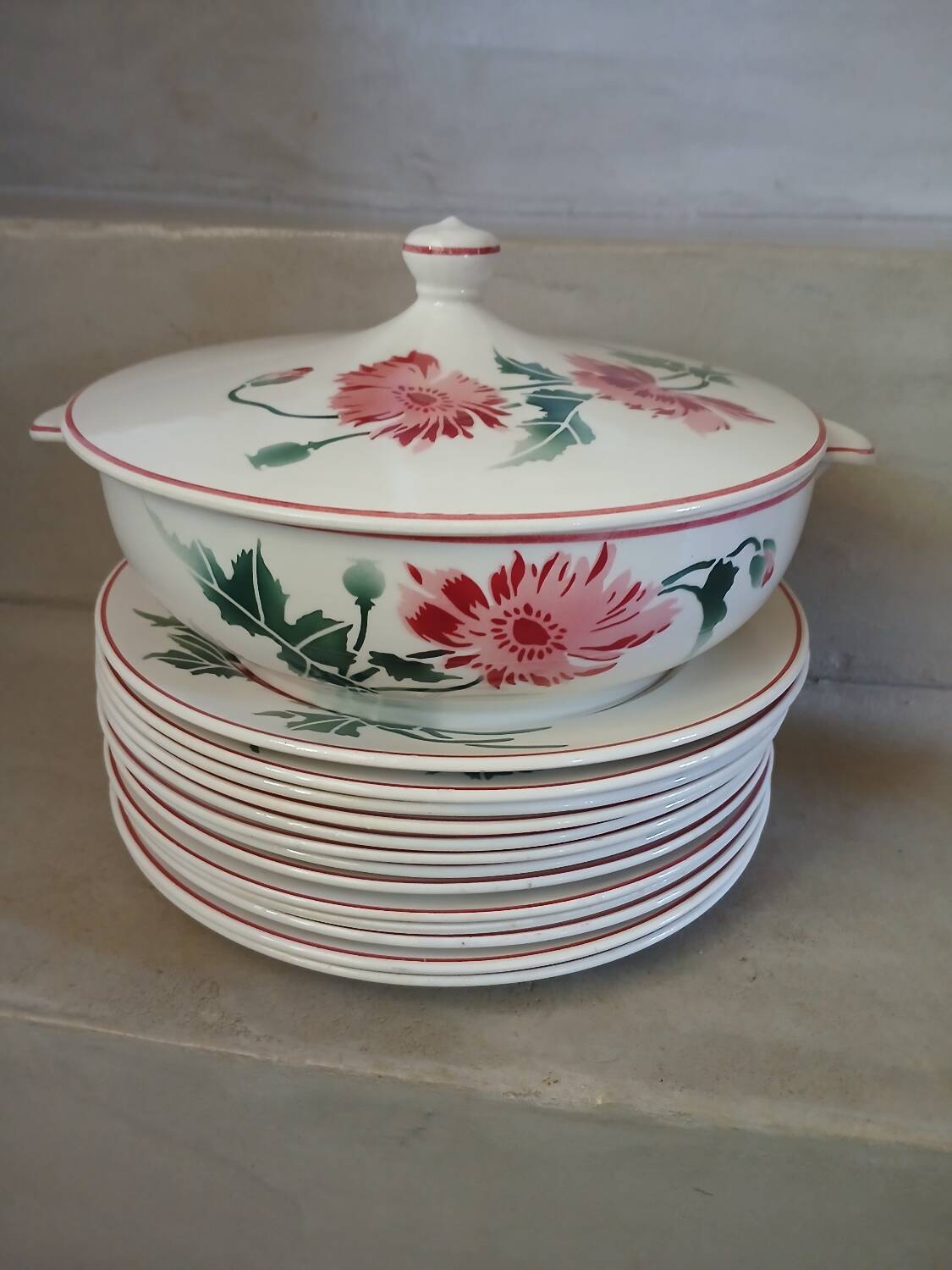 12 antique flat plates + HBCM soup tureen