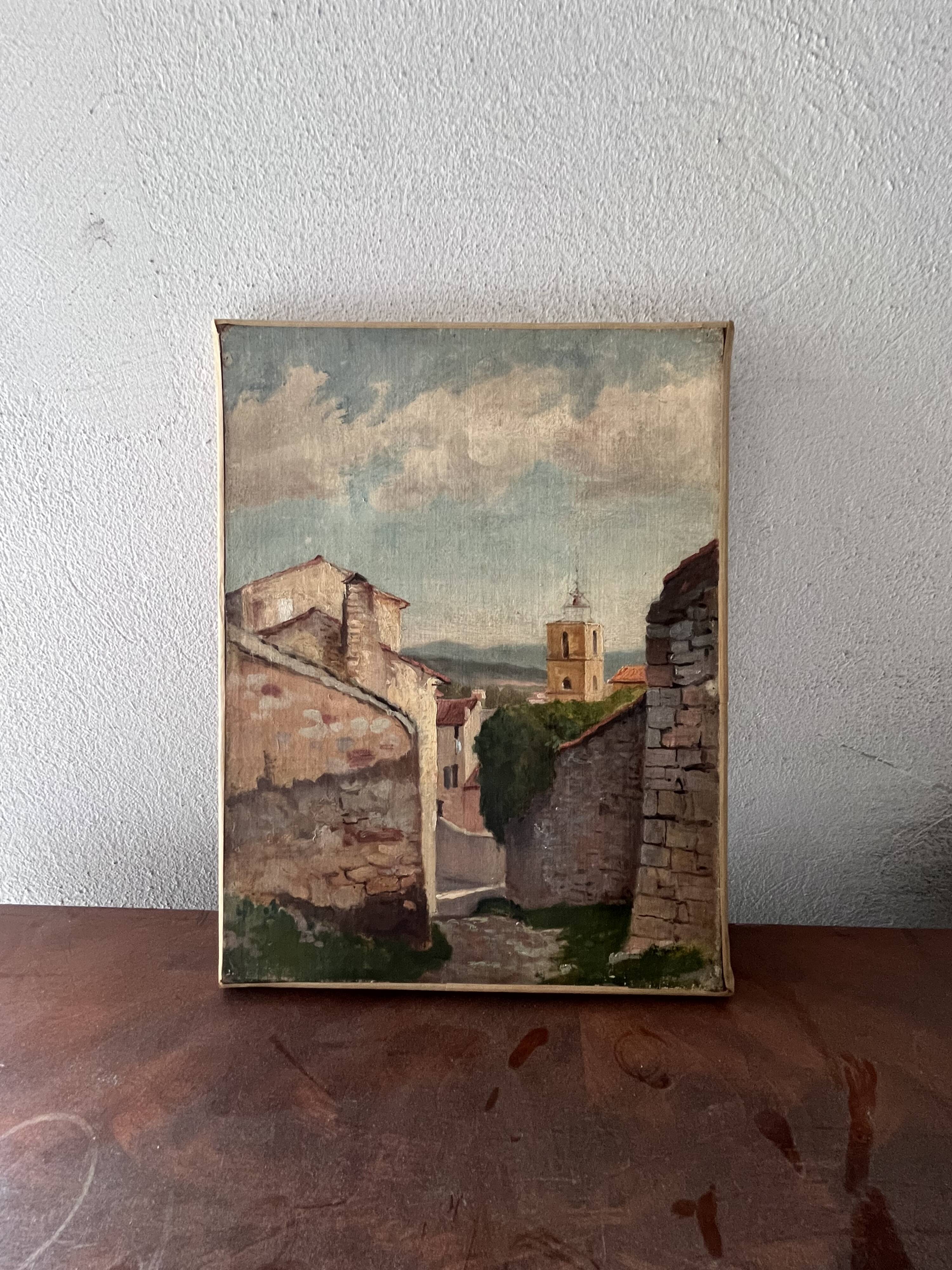 Village, unsigned, 20th century, oil on canvas, 38x29cm, unframed