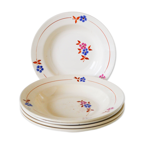 Lot de 5 assiettes creuses, Moulin des Loups, Rose, Bleu & Marron, 1950