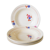 Set of 5 deep plates, Moulin des Loups, Pink, Blue & Brown, 1950