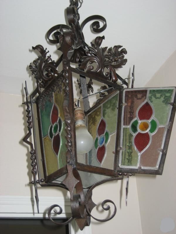 Ancient wrought iron lantern stained glass windows 19th