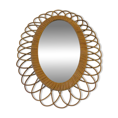 Miroir oval en rotin vintage 60s 70s rosace