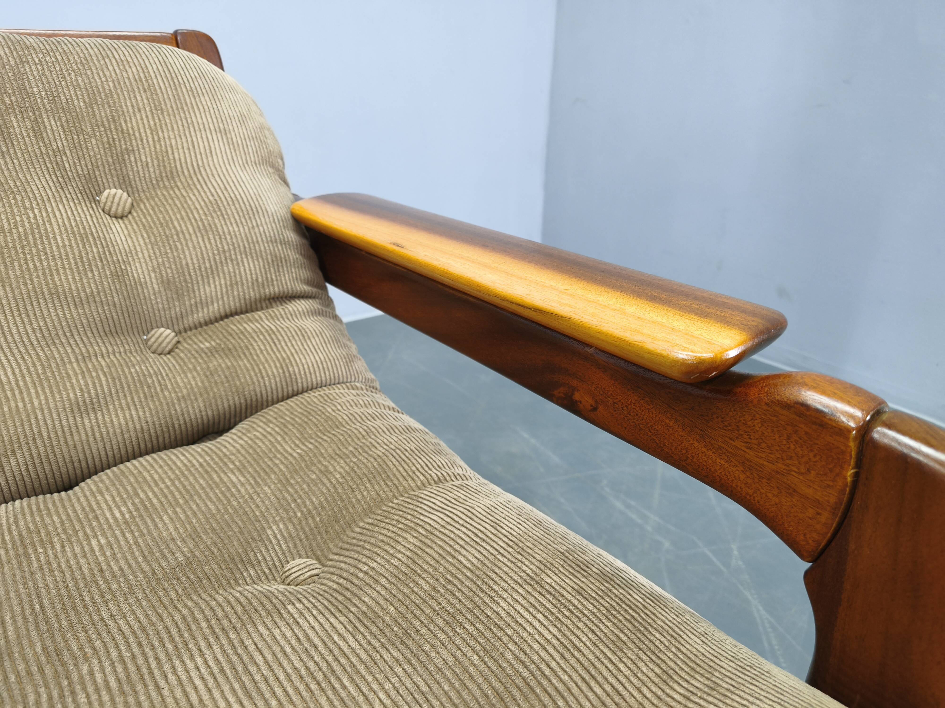 Pair of 1970s Scandinavian lounge chairs, upholstered in corduroy.