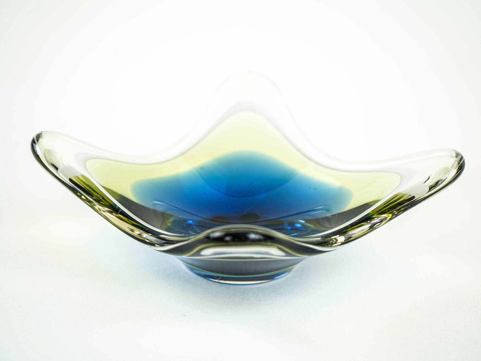 Art glass platter with organic form in blue and yellow, Europe, 1970s