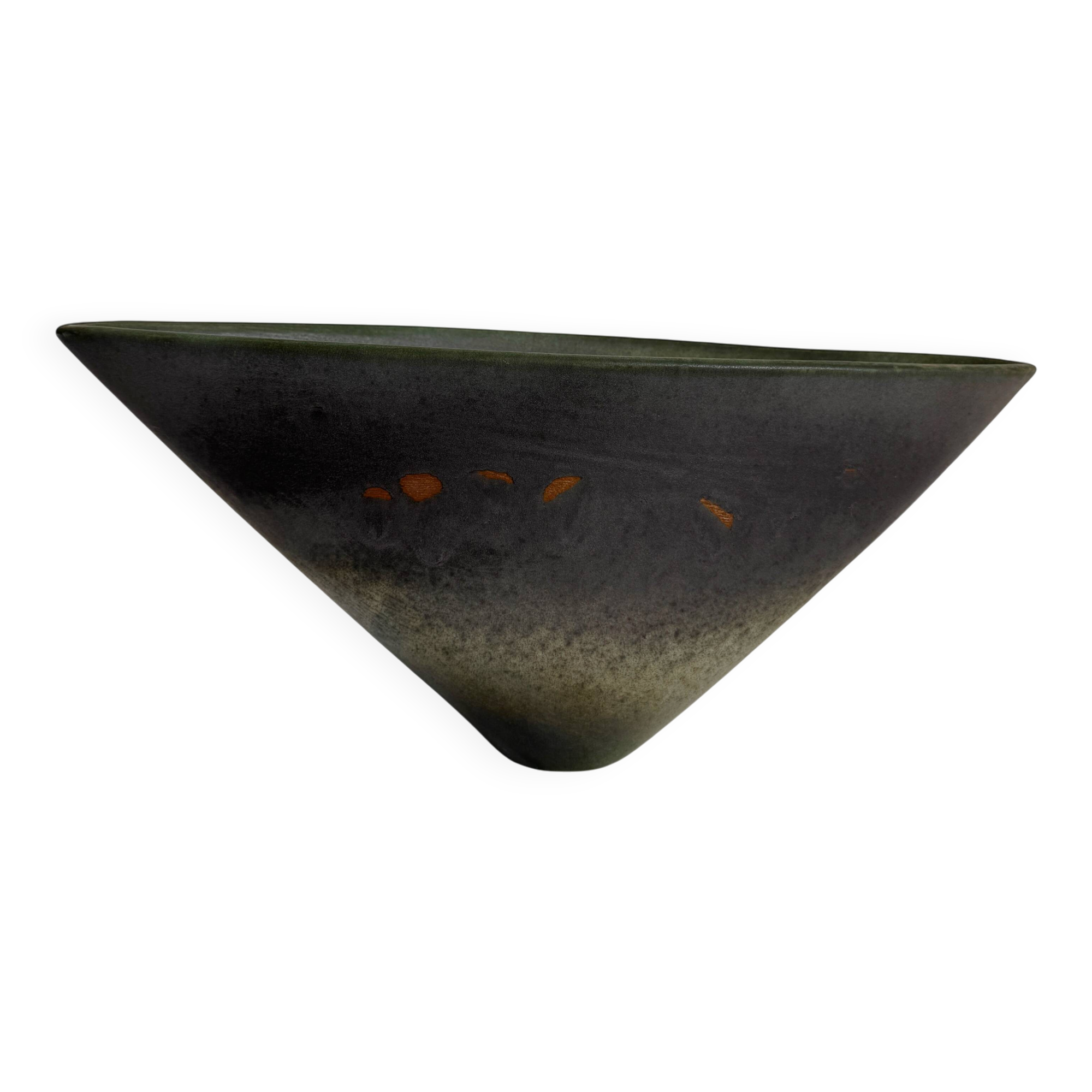 Antonio Lampecco shuttle vase, glazed grey-green ceramic, signed.