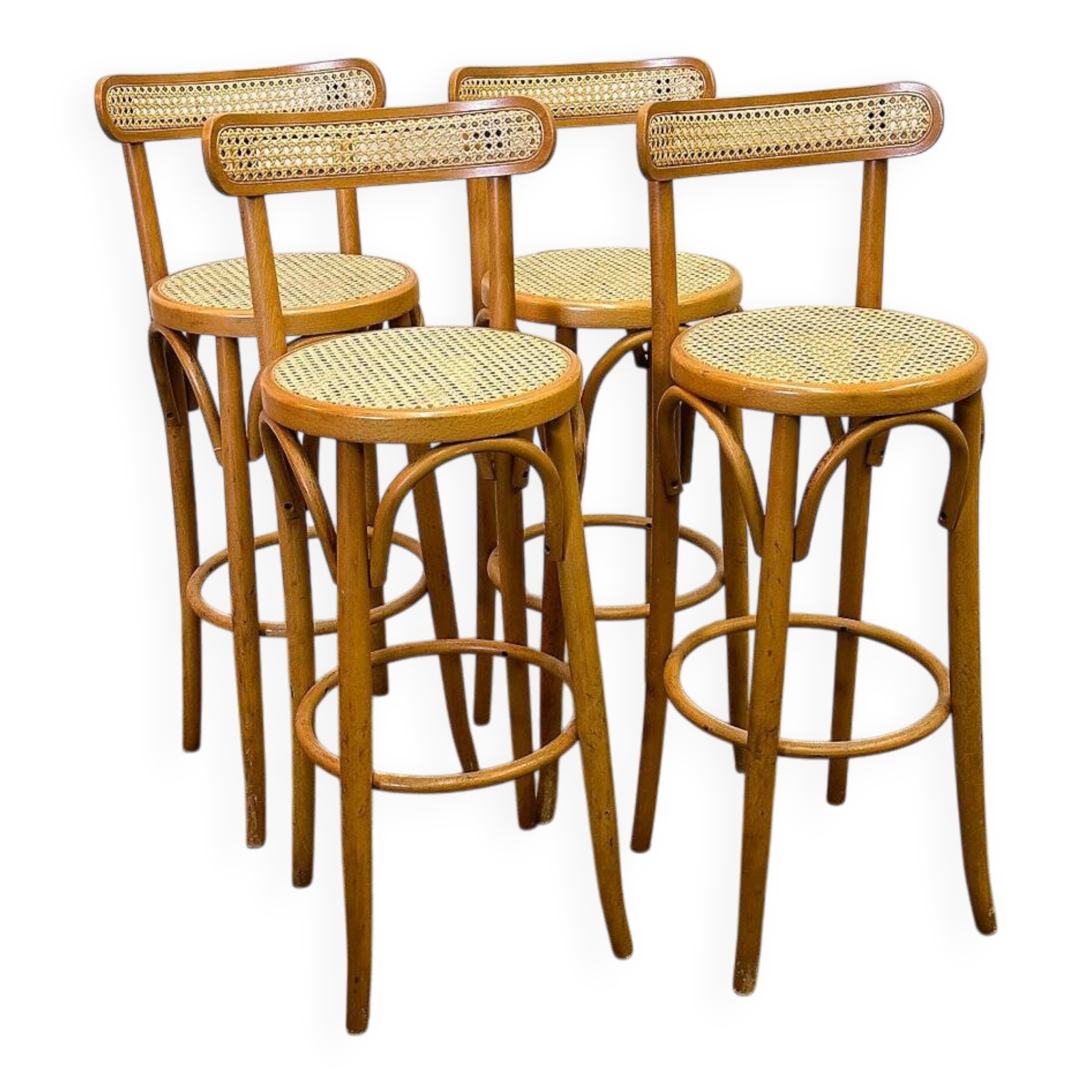Set of 4 vintage Italian bentwood & cane bar stools, 1970s