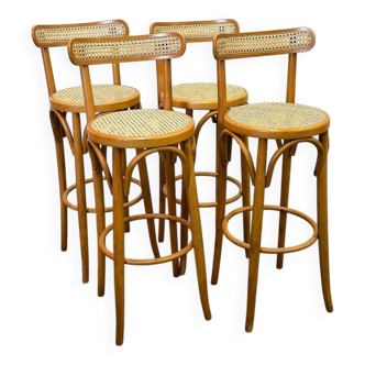 Set of 4 vintage Italian bentwood & cane bar stools, 1970s