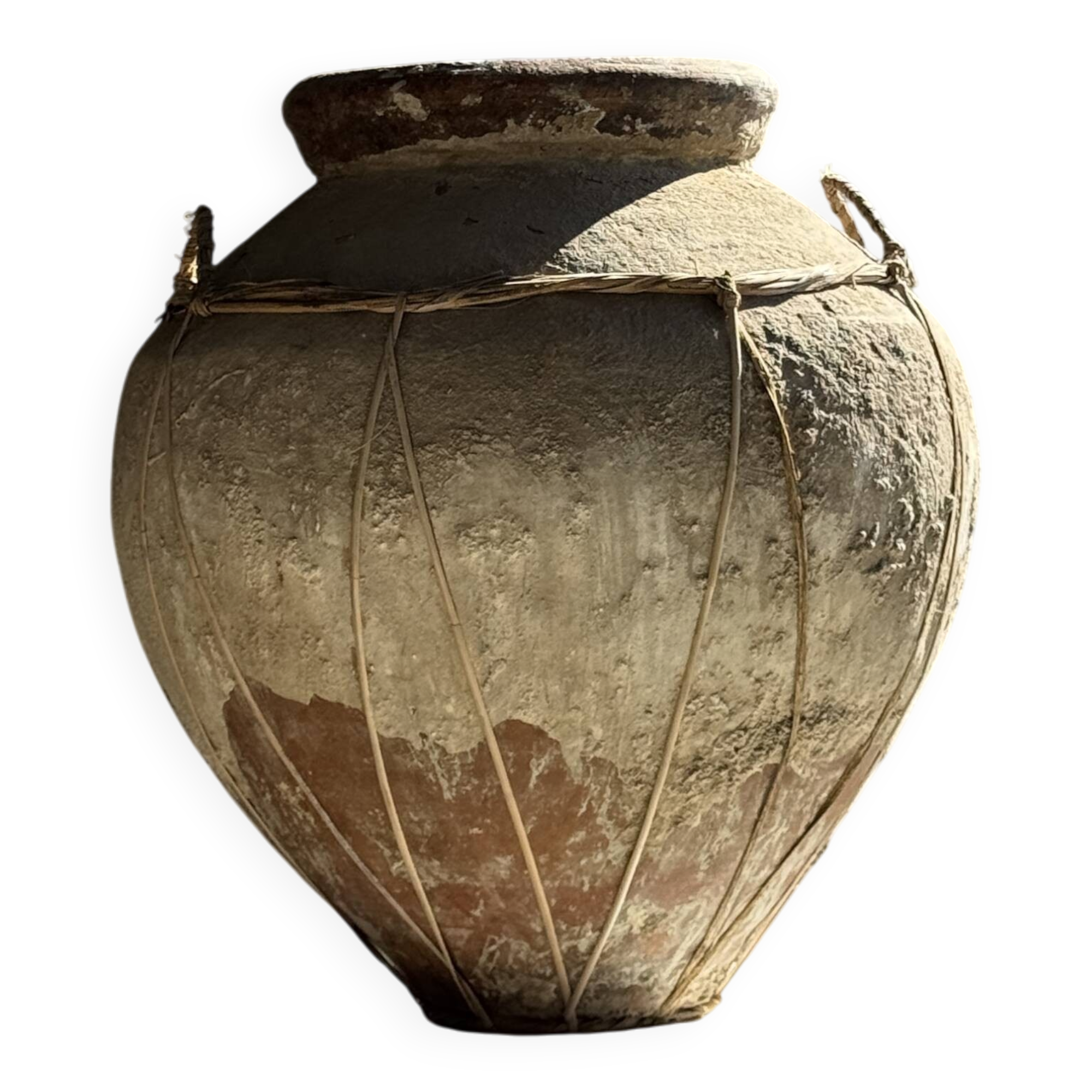 Very large grey and red terracotta pot with handles and rattan crossbars.