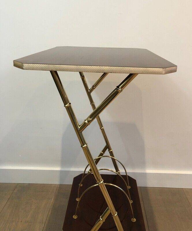 Mahogany and gold metal stool in faux-bamboo style.