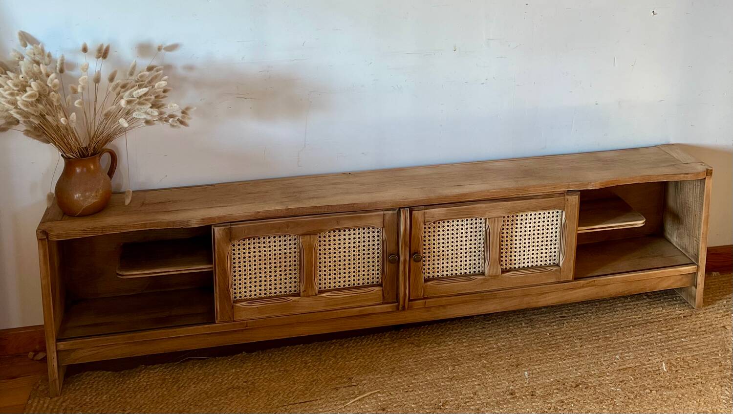 TV sideboard in raw solid oak and caning