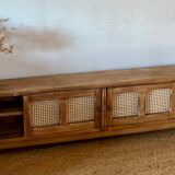 TV sideboard in raw solid oak and caning