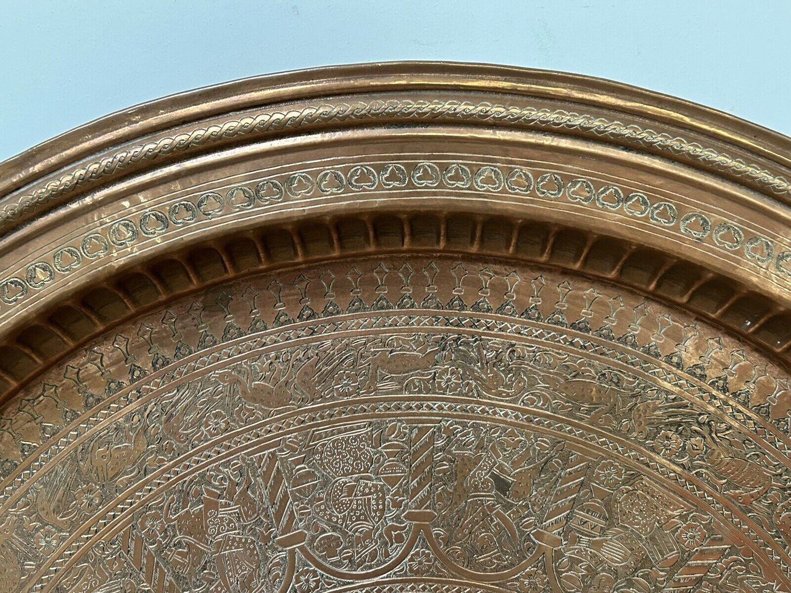 Large ancient copper tray, engraved Persia, offering scenes, vintage ethnic