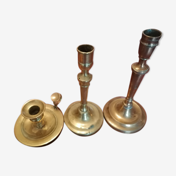 Set of 3 old copper candle holders