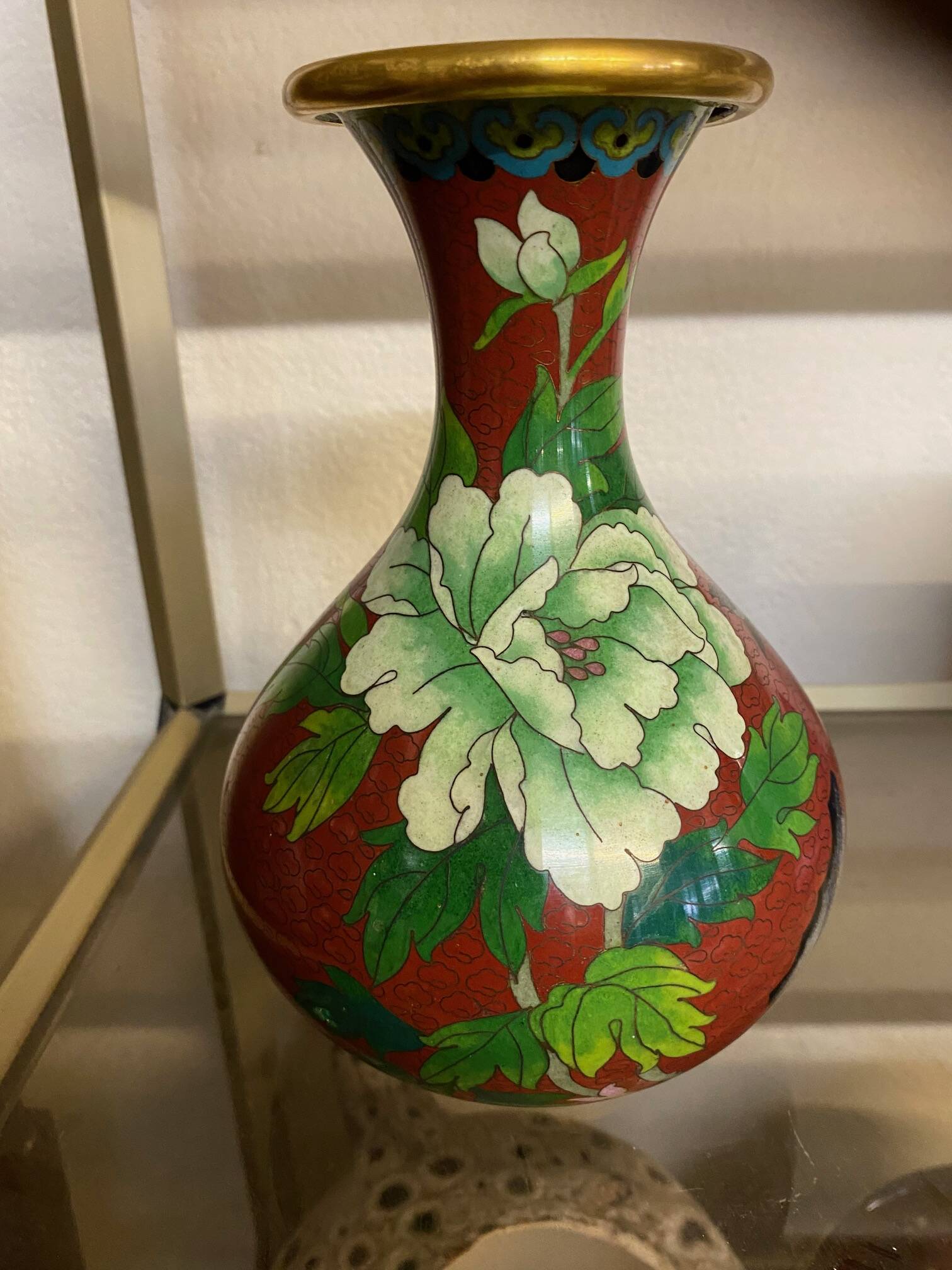 CLOISONNE VASE WITH LOTUS FLOWERS DECOR IN BURGUNDY TONES