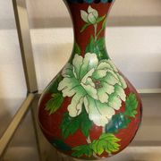 CLOISONNE VASE WITH LOTUS FLOWERS DECOR IN BURGUNDY TONES