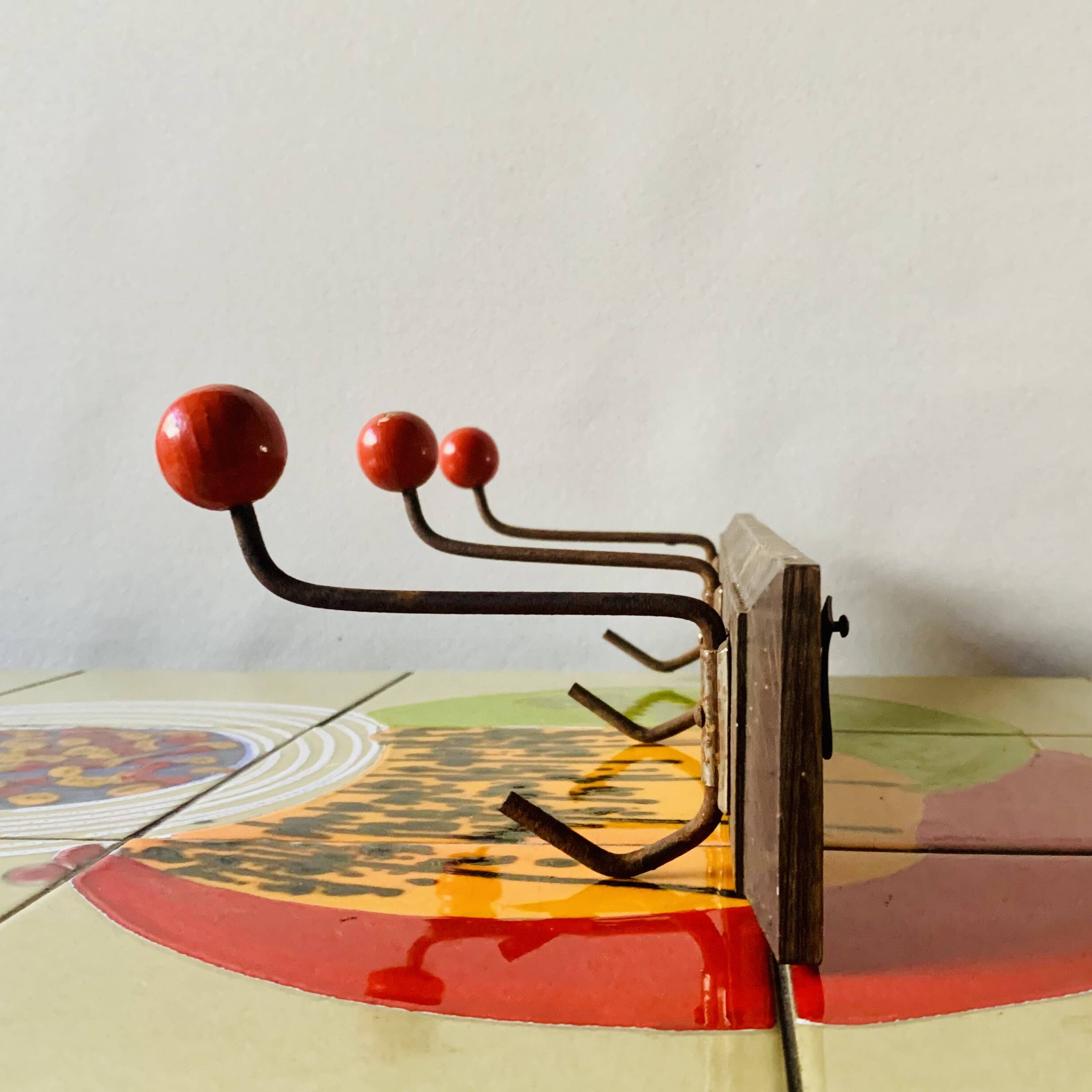 Vintage wooden wall coat rack - triple coat hook with red balls