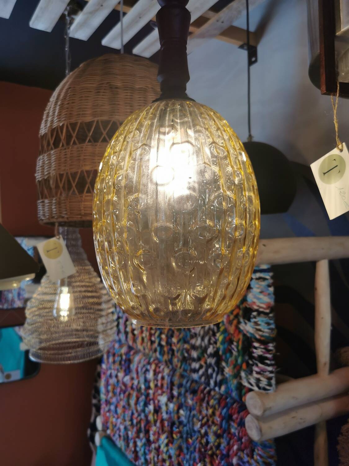 Vintage amber glass pendant light